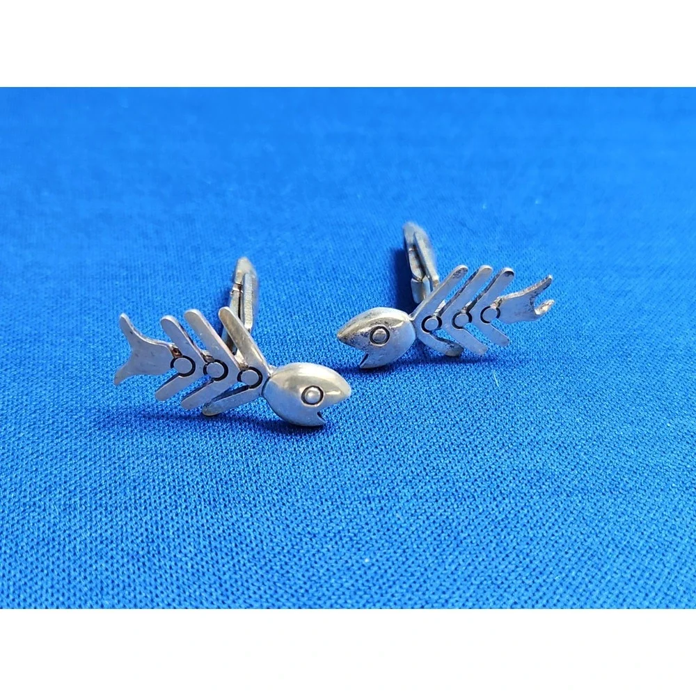 Vintage Sterling Silver FISH BONE Cufflinks Fishbone Skeleton Rockabilly Goth
